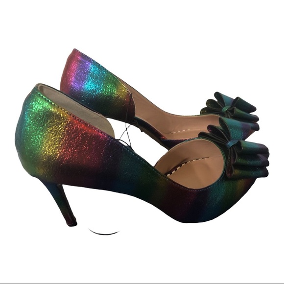 Betsey Johnson Bary metallic iridescent rainbow d’orsay stiletto bow heels sz7.5 - Picture 9 of 16
